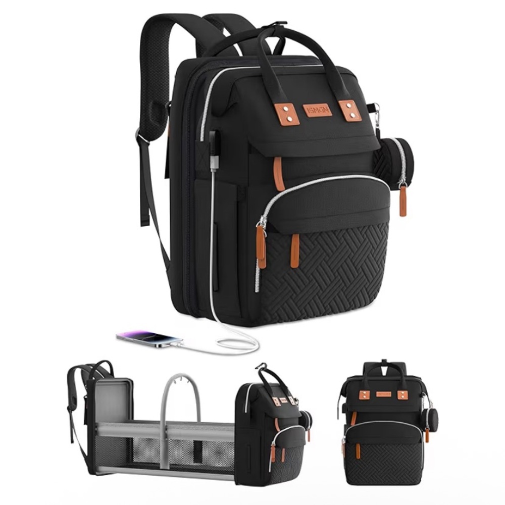 Black Multifunctional Baby Diaper Backpack with Tan Accents